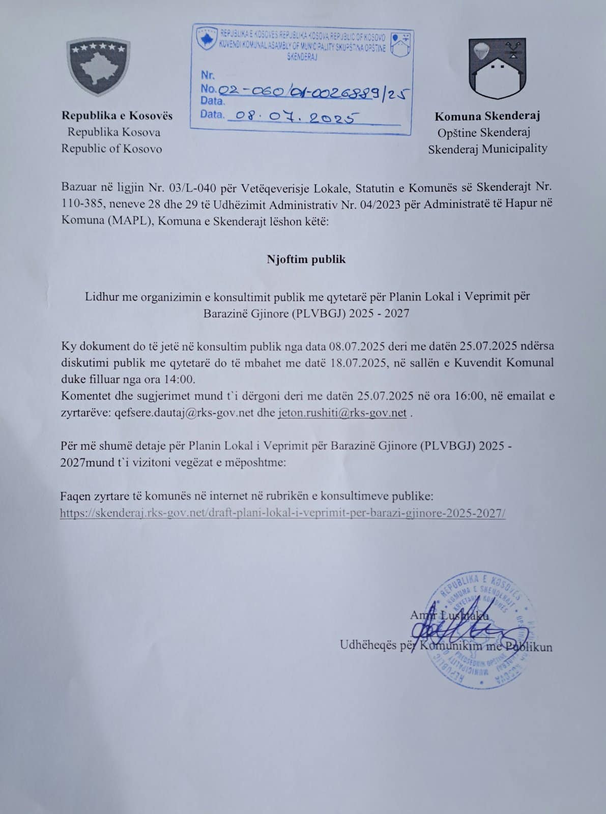 Njoftim për konsultim publik!